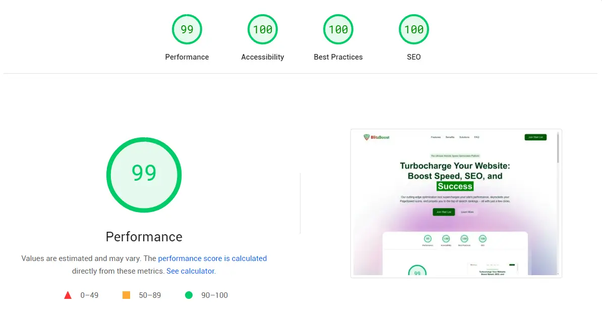 Google PageSpeed Insights showing a perfect score after Blitzboost optimization